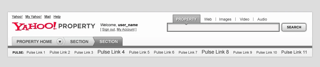 Yahoo! User Interface Wireframe Header Main Navigation Top Level Menu with Tags Line
