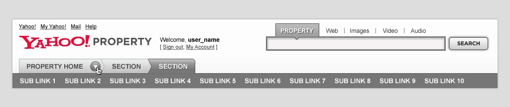 Yahoo! User Interface Wireframe Header Main Navigation Top Level Menu with Category Line