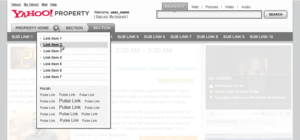 Yahoo! User Interface Wireframe Header Main Navigation Dropdown Flyout Menu