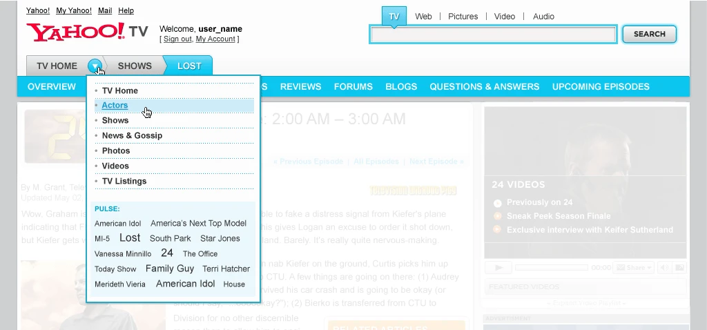 Yahoo! User Interface Wireframe Header Main Navigation Dropdown Menu